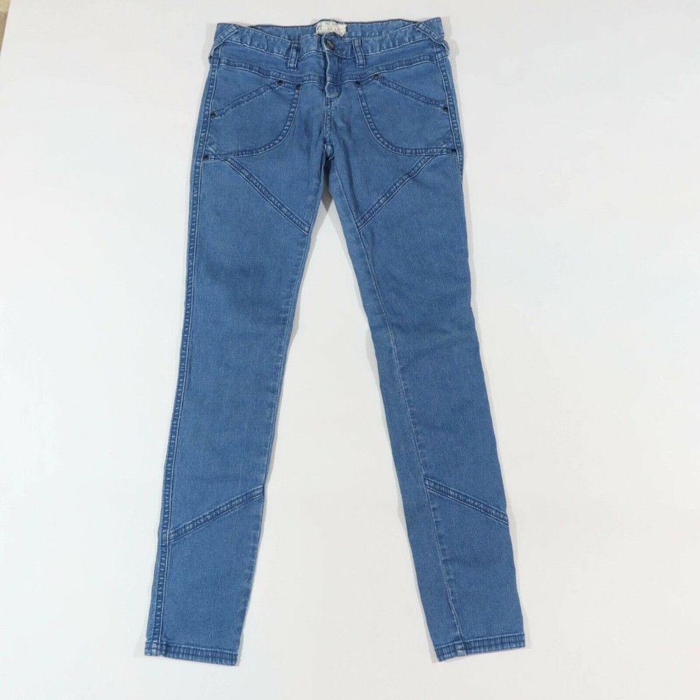 FREE PEOPLE Size 29 Medium Blue Seamed Stretch Skinny Leg Low Rise Jeans